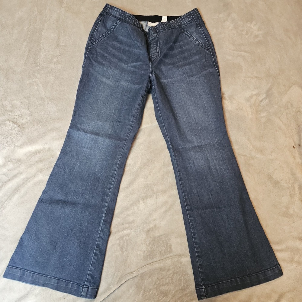 Y2K Chico's Platinum Pull On Trouser Flare Jeans 12 Short High Waisted Boho Chic - Picture 1 of 5